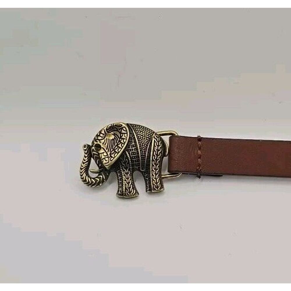 Women's Brown Leather Belt with Brass Elephant Buckle Sz 36-38" (44" long)